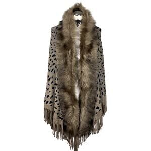 Kimerly C Y2K Faux Fur Trim Tassle Leopard Print Grunge Whimsygoth Pocho Shawl